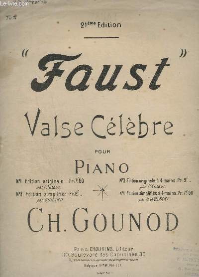 FAUST - VALSE CELEBRE POUR PIANO A QUATRE MAINS - …
