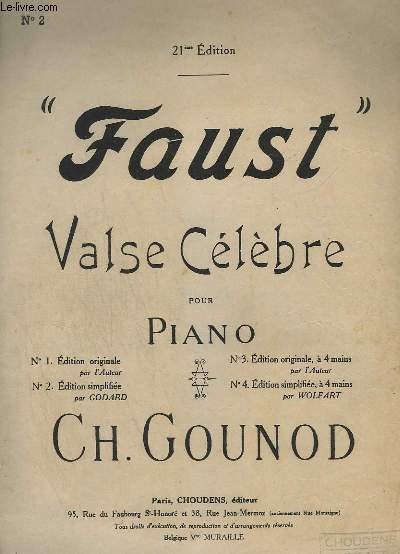 FAUST - VALSE POUR PIANO - OPERA EN 5 ACTES - N°2 : EDITION SIMPLIFIEE.