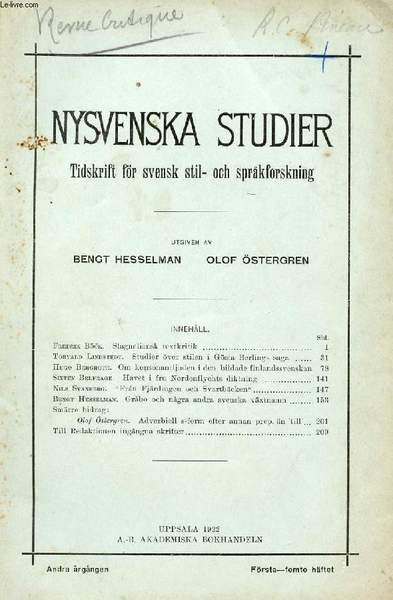 NYSVENSKA STUDIER, ANDRA RG NGEN 1922, F RSTA O. FEMTE H FTET ...