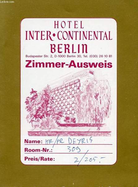 HOTEL INTER-CONTINENTAL BERLIN, ZIMMER-AUSWEIS