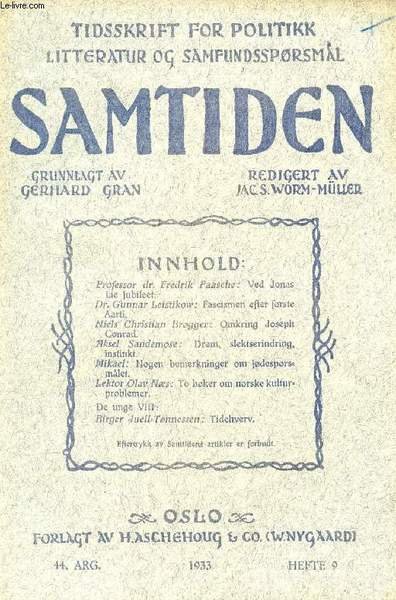 SAMTIDEN, 1933, 44 AARG, HEFTE 9, TIDSSKRIFT FOR POLITIK, LITTERATUR …