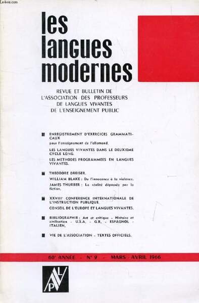 LES LANGUES MODERNES, 60e ANNEE, N� 2, MARS-AVRIL 1966 (Sommaire: …