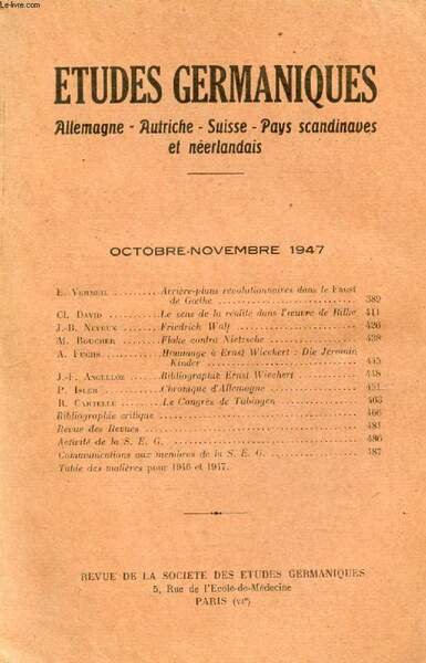 ETUDES GERMANIQUES, 2e ANNEE, N� 8, OCT.-NOV. 1947, ALLEMAGNE, AUTRICHE, …