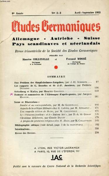 ETUDES GERMANIQUES, 8e ANNEE, N� 30-31, AVRIL-SEPT. 1953, ALLEMAGNE, AUTRICHE, …