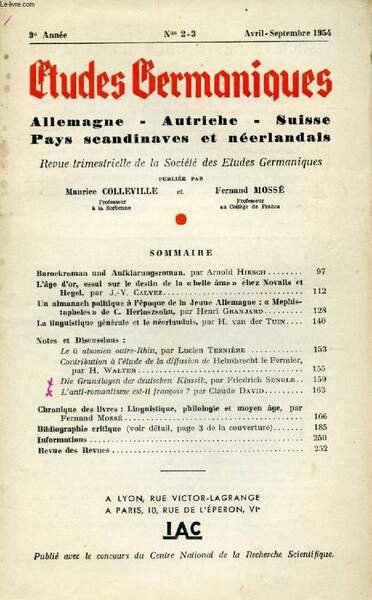 ETUDES GERMANIQUES, 9e ANNEE, N� 34-35, AVRIL-SEPT. 1954, ALLEMAGNE, AUTRICHE, …