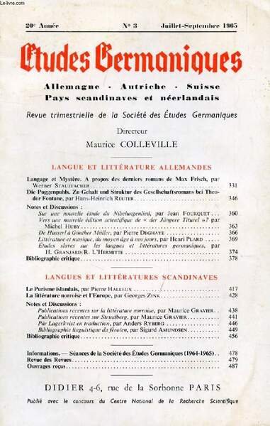 ETUDES GERMANIQUES, 20e ANNEE, N� 79, JUILLET-SEPT. 1965, ALLEMAGNE, AUTRICHE, …
