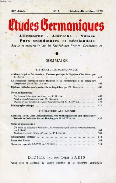 ETUDES GERMANIQUES, 28e ANNEE, N� 112, OCT.-DEC. 1973, ALLEMAGNE, AUTRICHE, …