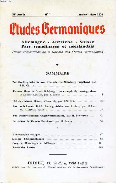 ETUDES GERMANIQUES, 31e ANNEE, N� 121, JAN.-MARS 1976, ALLEMAGNE, AUTRICHE, …