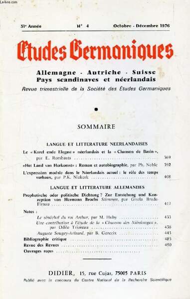 ETUDES GERMANIQUES, 31e ANNEE, N� 124, OCT.-DEC. 1976, ALLEMAGNE, AUTRICHE, …