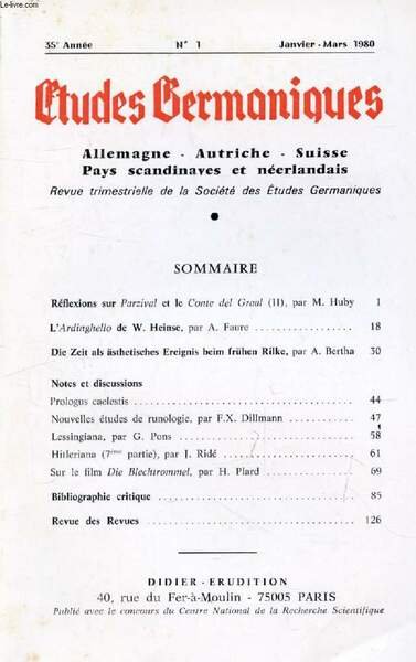 ETUDES GERMANIQUES, 35e ANNEE, N� 137, JAN.-MARS 1980, ALLEMAGNE, AUTRICHE, …
