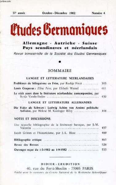 ETUDES GERMANIQUES, 37e ANNEE, N� 148, OCT.-DEC. 1982, ALLEMAGNE, AUTRICHE, …