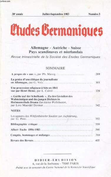 ETUDES GERMANIQUES, 38e ANNEE, N� 151, JUILLET-SEPTEMBRE 1983, ALLEMAGNE, AUTRICHE, …