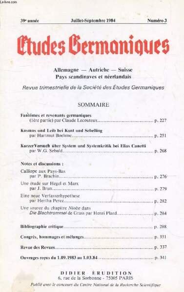 ETUDES GERMANIQUES, 39e ANNEE, N� 155, JUILLET-SEPT. 1984, ALLEMAGNE, AUTRICHE, …