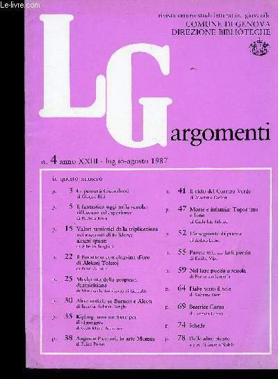 LGargomenti, anno XXIII, n°4, luglio-agosto 1987 : Ci pensera Cicciolina ?, par Giorgio Bini - Il fantastico oggi nella scuola : riflessioni ed esperienze, par Patrizia Rossi - Modernita della proposta deamicisiana, par Mariacarla Andrianopoli Cardullo -