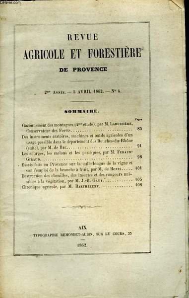 Revue Agricole et Forestière de Provence. N°4 - 2ème Année