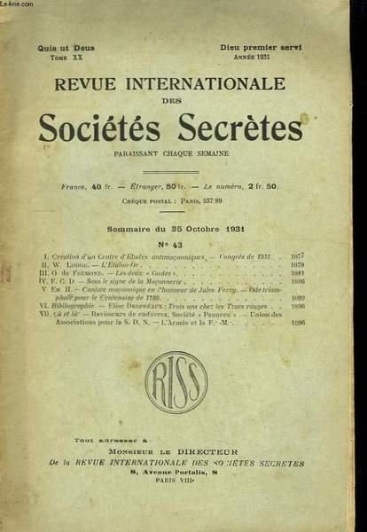 Revue Internationale des Sociétés Secrètes. TOME XX, n°43.