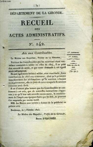Recueil des Actes Administratifs. N°142 | Immagine principale