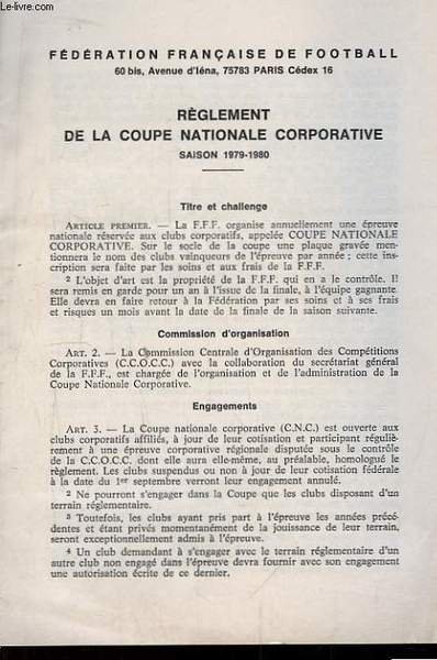 Règlement de la Coupe Nationale Corportative. Saison 1979 - 1980