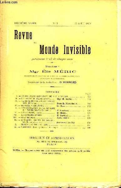 Revue du Monde Invisible. N°3 - 2ème année : Un document important de S.S. Léon XIII - Le Cas de M. Flammarion, par Méric - La réalité des apparations angéliques (à suite), par Maréchaux - Le Péril Occultiste, par G. Bois - Le Congrès Spirite, par Surbled