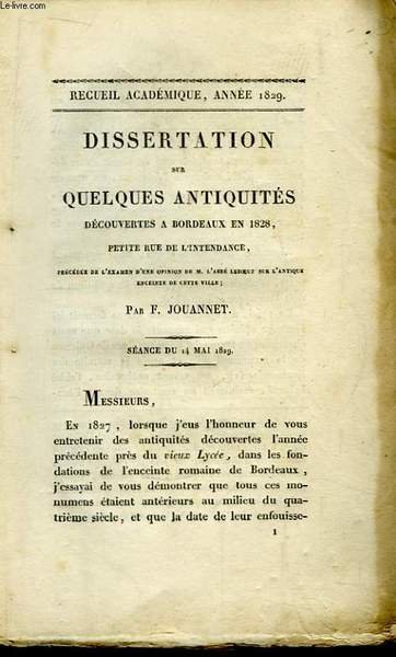 Dissertation sur quelques Antiquités, Découvertes à Bordeaux en 1828, petite … | Immagine principale