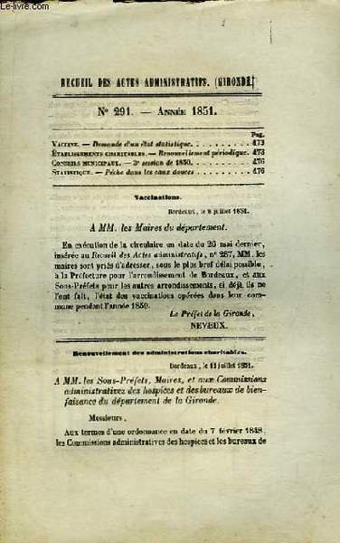 Recueil des Actes Administratifs N°291 - Année 1851 : Pêche …