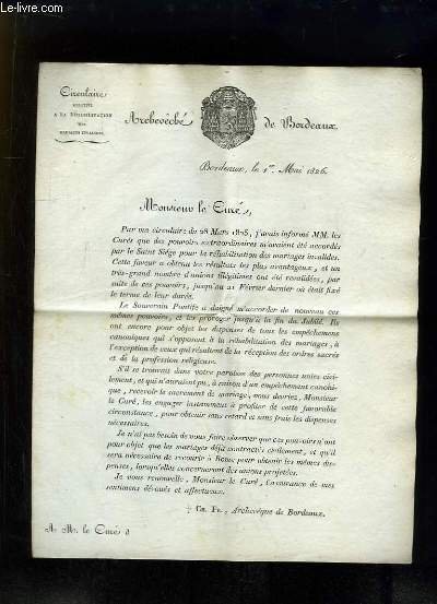 Circulaires relative à la réhabilitation des mariages invalides.