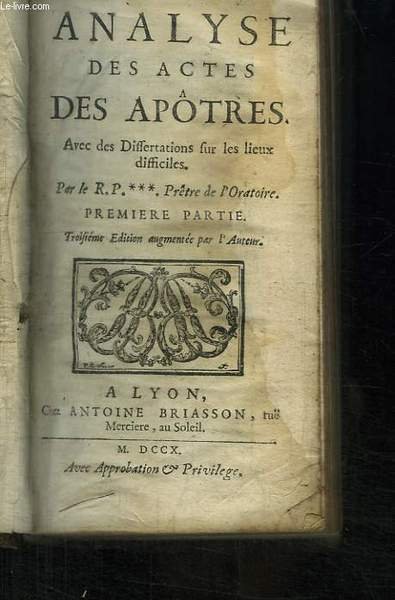 Analyse des Actes des Apôtres. Avec des Dissertations sur les … | Immagine principale
