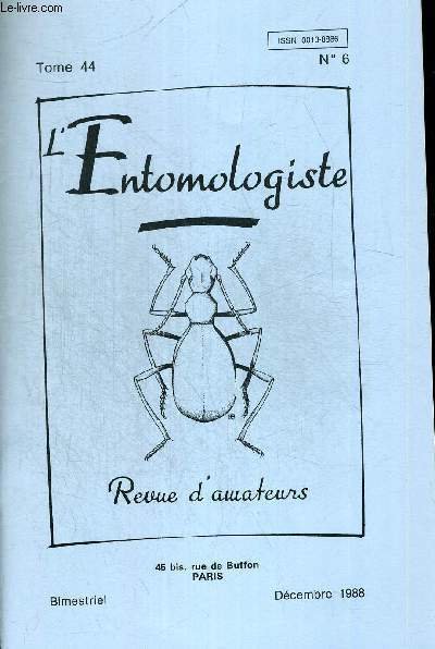 N°6. TOME 44. L ENTOMOLOGISTE. REVUE D AMATEURS. DECEMBRE 1988. … | Immagine principale