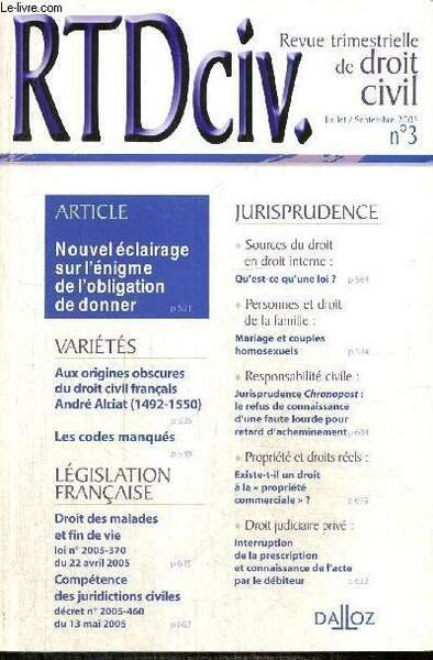 Revue trimestrielle de droit civil, n°3 (juillet/septembre 2005) : Nouvel … | Immagine principale