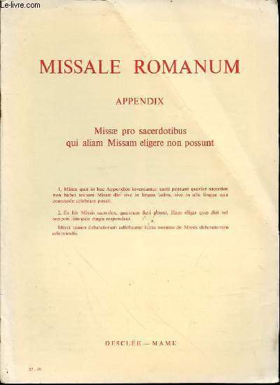 MISSALE ROMANUM - APPENDIX - MISSAE PRO SACERDOTIBUS QUI ALIAM MISSAM ELIGERE NON POSSUNT.