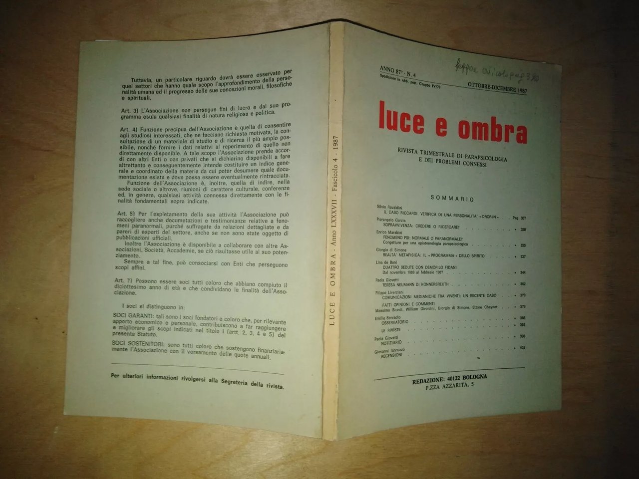 LUCE E OMBRA. trimestrale di parapsicologia e problemi connessi - … | Immagine principale