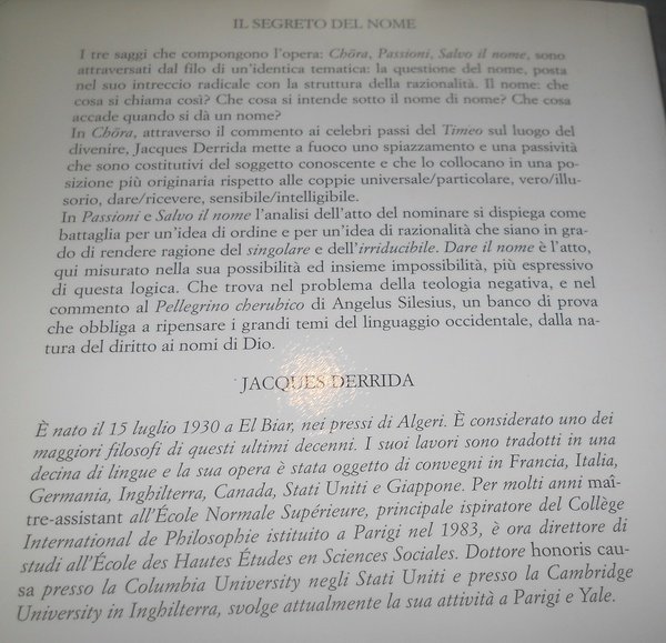 il segreto del nome (Chora,Passioni,Salvo il nome)