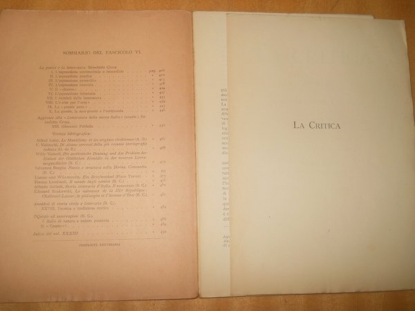 LA CRITICA. RIVISTA DI LETTERATURA, STORIA E FILOSOFIA - fascicolo …