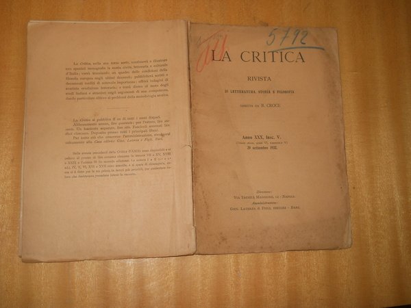 LA CRITICA. RIVISTA DI LETTERATURA, STORIA E FILOSOFIA