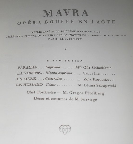 Mavra. Opera Bouffe en un acte d'apres A. Pouchkine