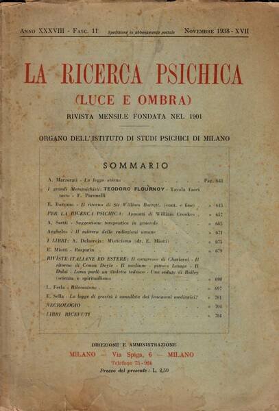 La rivista psichica LUCE E OMBRA, rivista mensile, novembre 1938