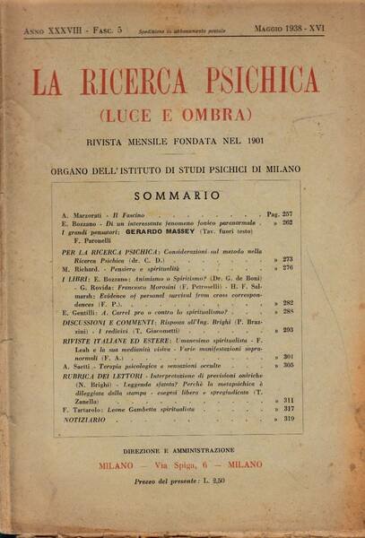 La rivista psichica LUCE E OMBRA, rivista mensile, maggio 1938