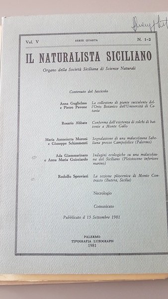IL NATURALISTA SICILIANO VOL V SERIE QUARTA 1-2 ORGANO DELLA …