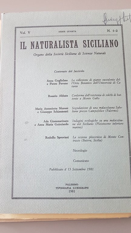 IL NATURALISTA SICILIANO VOL V SERIE QUARTA 1-2 ORGANO DELLA …