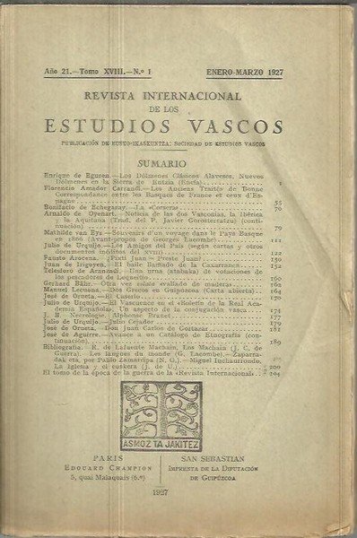 REVISTA INTERNACIONAL DE LOS ESTUDIOS VASCOS. AÑO 21. TOMO XVIII. …