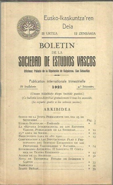 BOLETIN DE LA SOCIEDAD DE ESTUDIOS VASCOS. 4. TRIMESTRE.