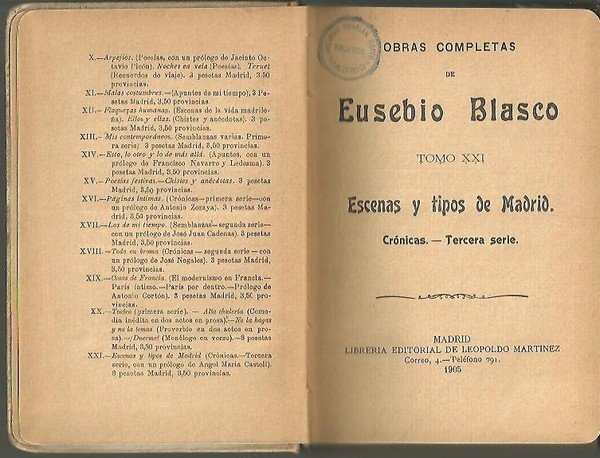 OBRAS COMPLETAS DE EUSEBIO BLASCO. TOMO XIII. ESCENAS Y TIPOS …