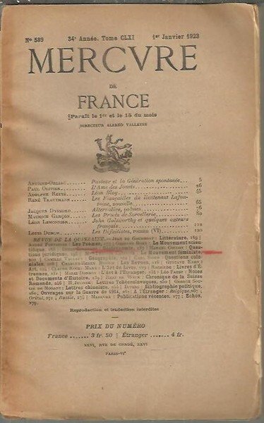 MERCURE DE FRANCE. TOME CLXI. NUM. 589.