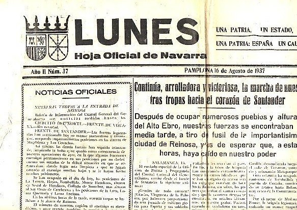 LUNES. HOJA OFICIAL DE NAVARRA. AÑO II. N. 37. 16-AGOSTO-1937.