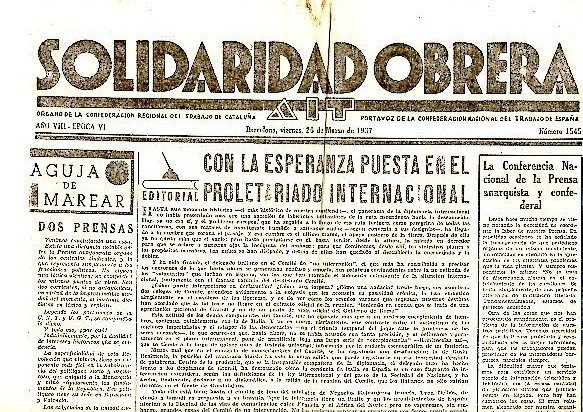 SOLIDARIDAD OBRERA. AIT. AÑO VIII. N.1545. 26-MARZO-1937.