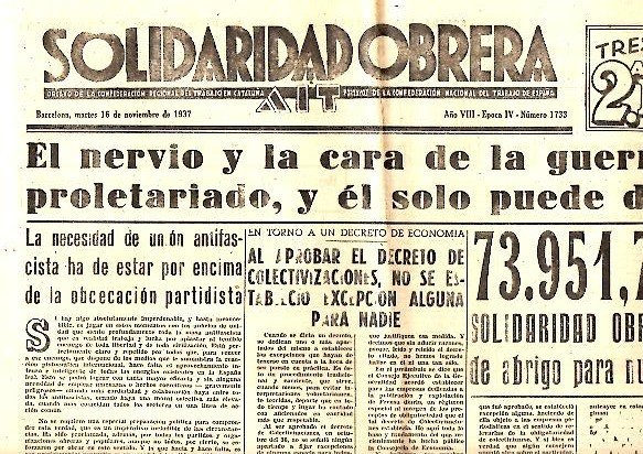 SOLIDARIDAD OBRERA. AIT. AÑO VIII. N.1733. 16-NOVIEMBRE-1937.