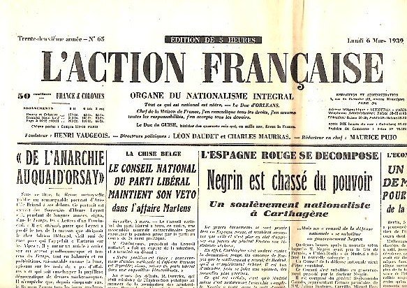 L'ACTION FRANÇAISE. ORGANE DU NATIONALISME INTEGRAL. AÑO XXXII. N. 65. …