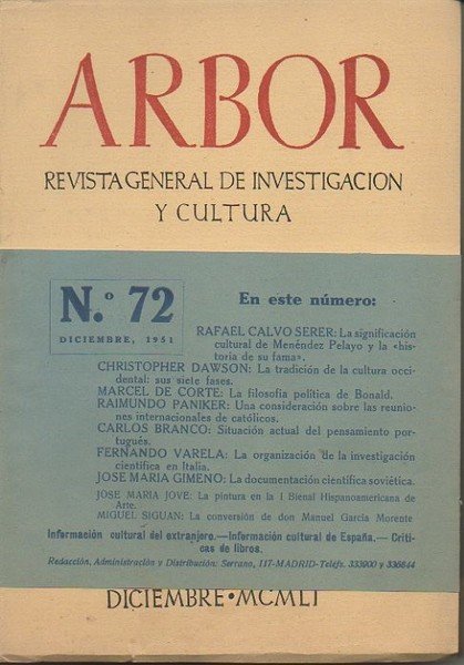 ARBOR. REVISTA GENERAL DE INVESTIGACION Y CULTURA. N. 72. TOMO …