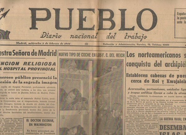 PUEBLO. DIARIO NACIONAL DEL TRABAJO. AÑO V. NUM. 1.108. MADRID, …