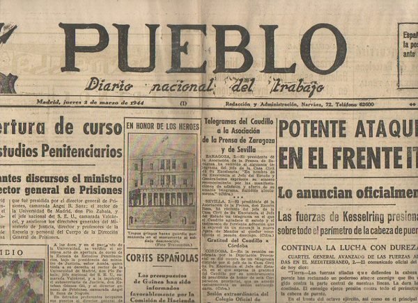 PUEBLO. DIARIO NACIONAL DEL TRABAJO. AÑO V. NUM. 1.133. MADRID, …